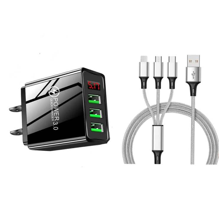 2-Piece Set: 3-Port LED Display High Speed Wall Charger Black + 3-in-1 Cable DailySale