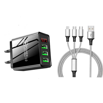2-Piece Set: 3-Port LED Display High Speed Wall Charger Black + 3-in-1 Cable DailySale