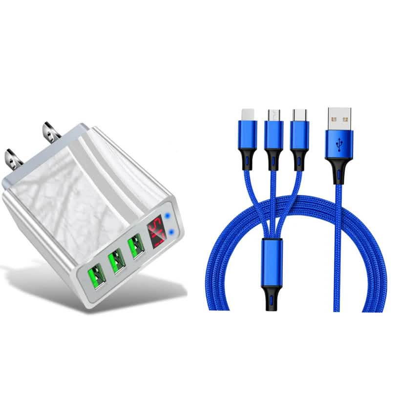 2-Piece Set: 3-Port LED Display High Speed Wall Charger White + 3-in-1 Cable Combo DailySale