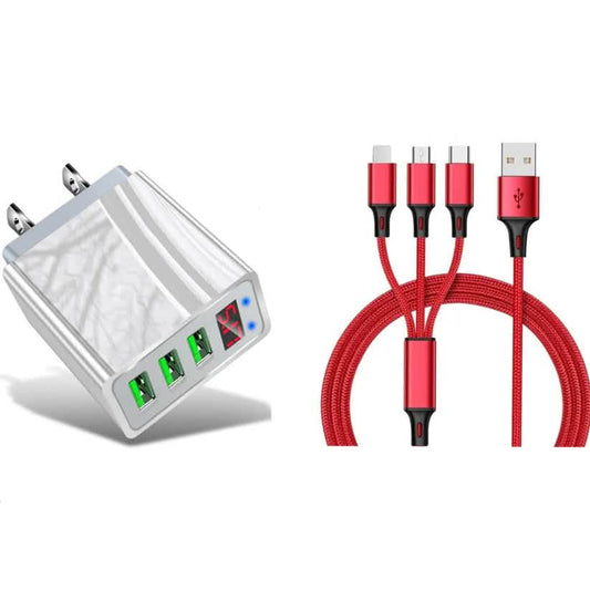 2-Piece Set: 3-Port LED Display High Speed Wall Charger White + 3-in-1 Cable Combo DailySale