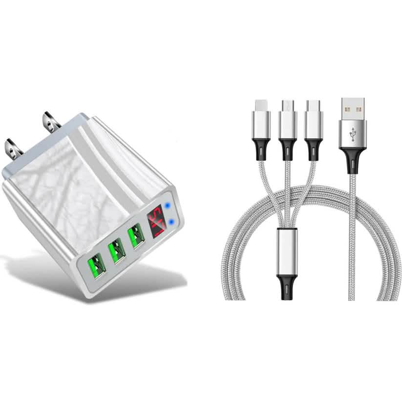 2-Piece Set: 3-Port LED Display High Speed Wall Charger White + 3-in-1 Cable Combo DailySale