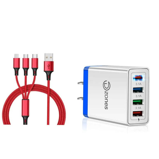 2-Piece Set: 4-Port High Speed Wall Charger + 3-in-1 Cable Combo DailySale