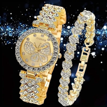 2-Piece Set: Butterfly Quartz Stainless Steel Band Wrist Watch and Bracelet DailySale