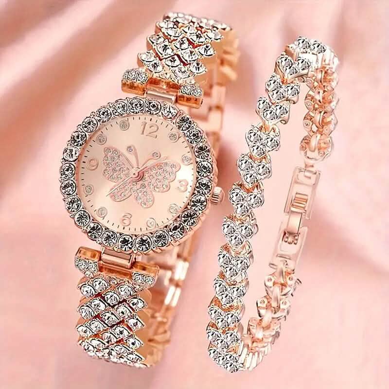 2-Piece Set: Butterfly Quartz Stainless Steel Band Wrist Watch and Bracelet DailySale