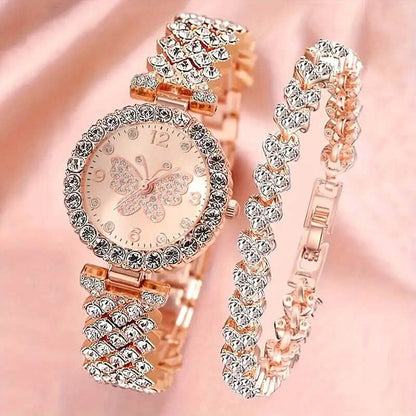 2-Piece Set: Butterfly Quartz Stainless Steel Band Wrist Watch and Bracelet DailySale