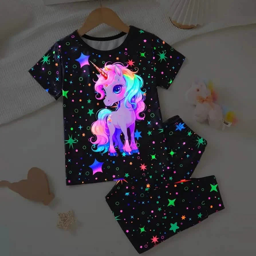 2-Piece Set: Cute Starry Unicorn Pattern Short Sleeve Top + Jogger Pants Co-ords Set DailySale