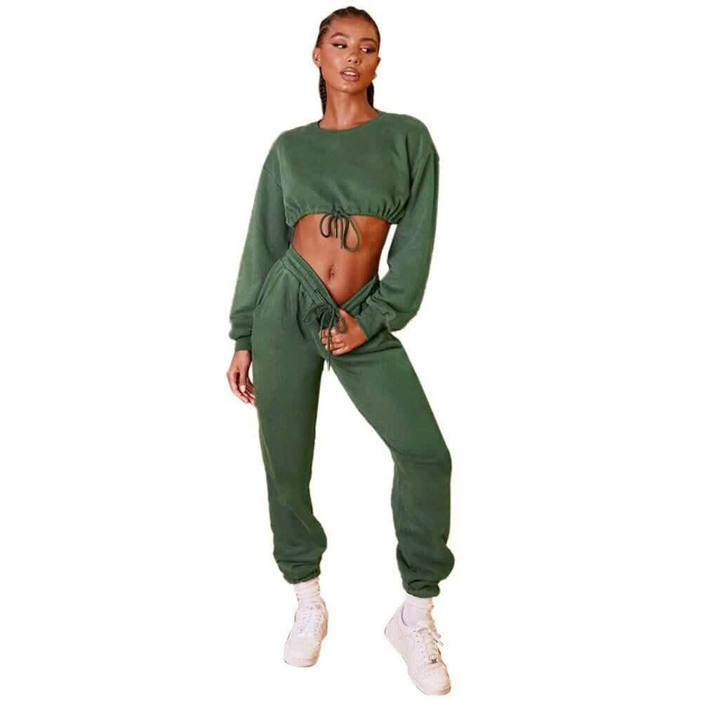 2-Piece Set: Drawstring Short Top Hooded Tops Sweatshirt Pants Set DailySale