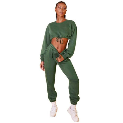 2-Piece Set: Drawstring Short Top Hooded Tops Sweatshirt Pants Set DailySale