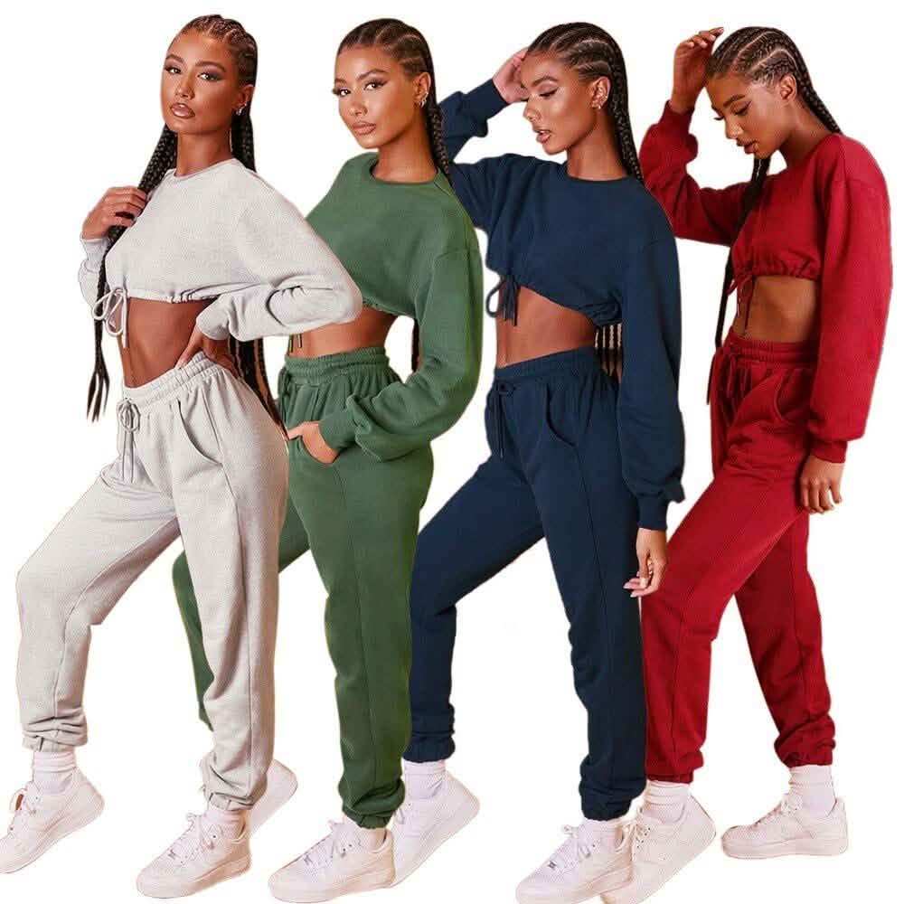 2-Piece Set: Drawstring Short Top Hooded Tops Sweatshirt Pants Set DailySale