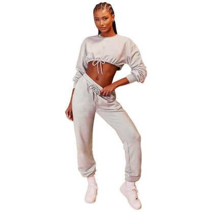 2-Piece Set: Drawstring Short Top Hooded Tops Sweatshirt Pants Set DailySale