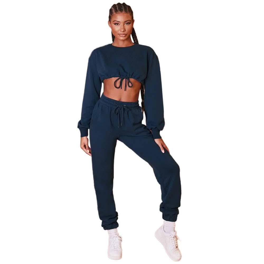 2-Piece Set: Drawstring Short Top Hooded Tops Sweatshirt Pants Set DailySale