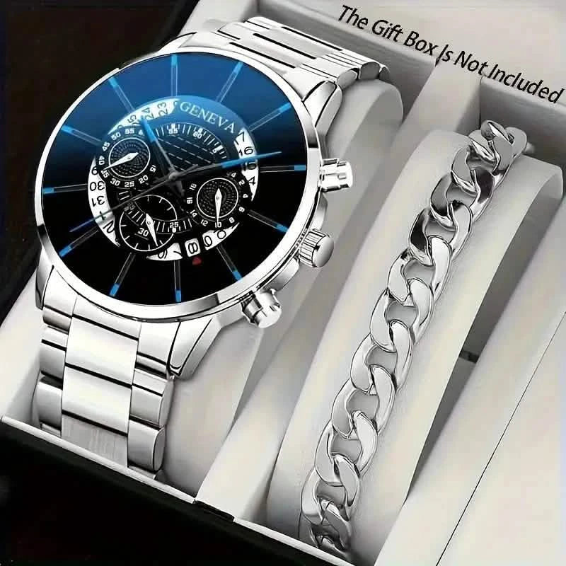 2-Piece Set: Exquisite Men's Quartz Timepieces And Fashionable Stainless Steel Watch Chains DailySale