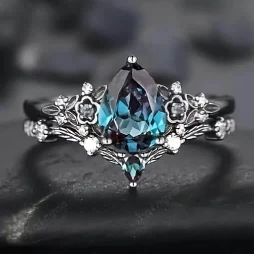 2-Piece Set: Gothic Black & Golden Engagement Ring Set with Pear-Shaped Cubic Zirconia DailySale