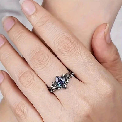 2-Piece Set: Gothic Black & Golden Engagement Ring Set with Pear-Shaped Cubic Zirconia DailySale
