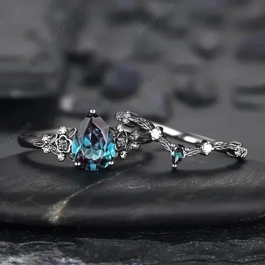 2-Piece Set: Gothic Black & Golden Engagement Ring Set with Pear-Shaped Cubic Zirconia DailySale
