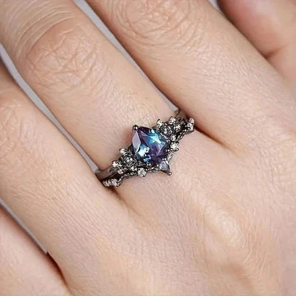 2-Piece Set: Gothic Black & Golden Engagement Ring Set with Pear-Shaped Cubic Zirconia DailySale