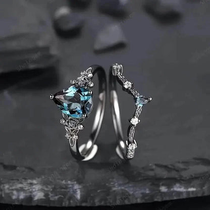 2-Piece Set: Gothic Black & Golden Engagement Ring Set with Pear-Shaped Cubic Zirconia DailySale