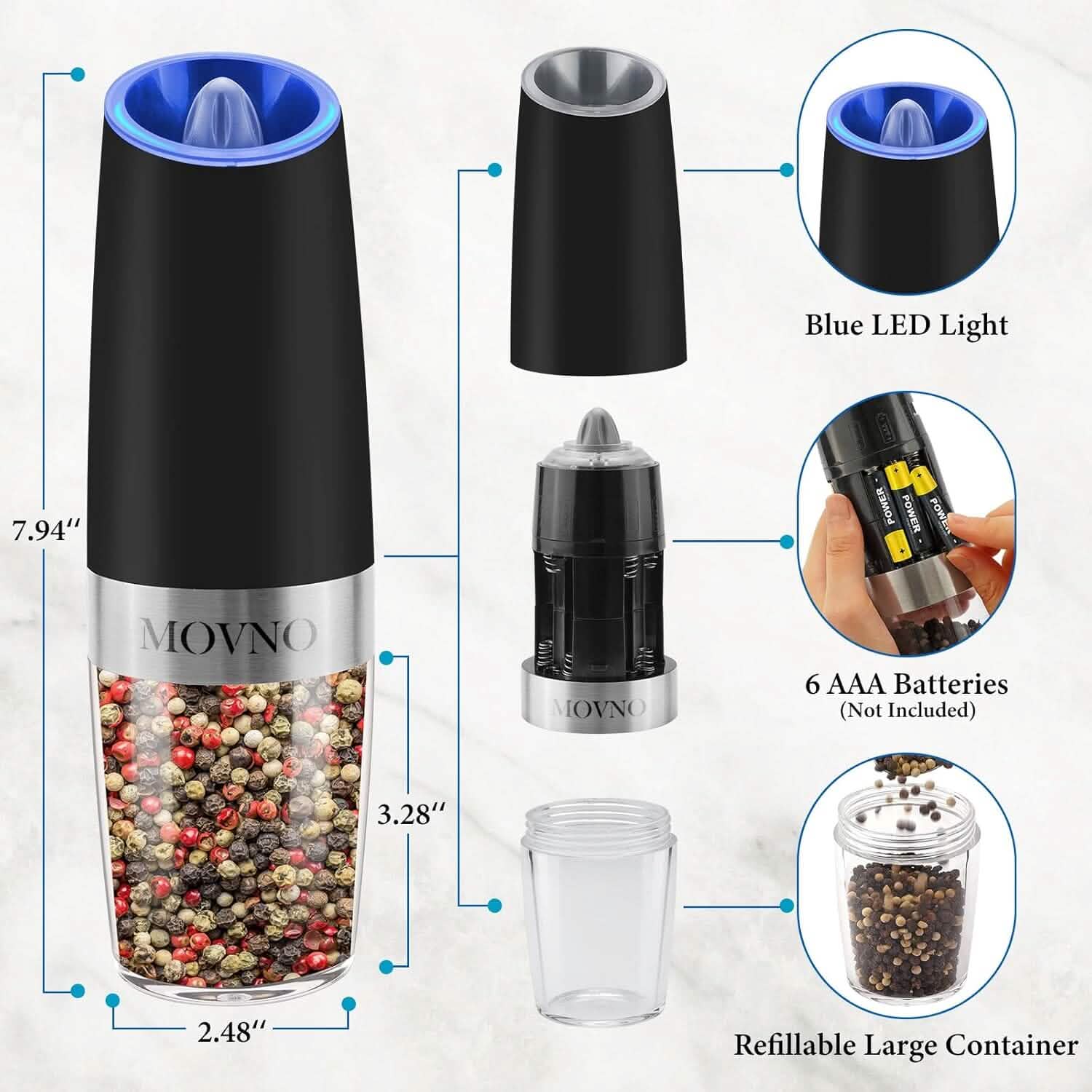 2-Piece Set: Gravity Electric Salt and Pepper Grinder Set, Battery Powered LED Light One Hand Automatic Operation DailySale