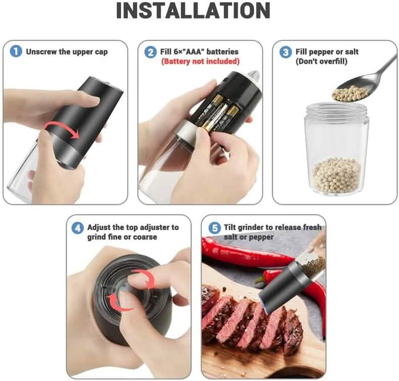 2-Piece Set: Gravity Electric Salt and Pepper Grinder Set, Battery Powered LED Light One Hand Automatic Operation DailySale