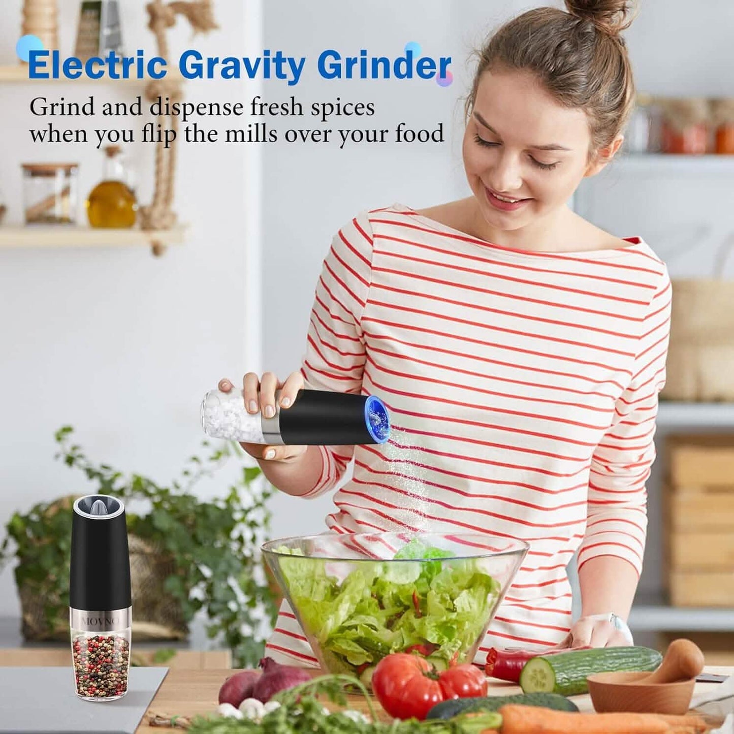 2-Piece Set: Gravity Electric Salt and Pepper Grinder Set, Battery Powered LED Light One Hand Automatic Operation DailySale