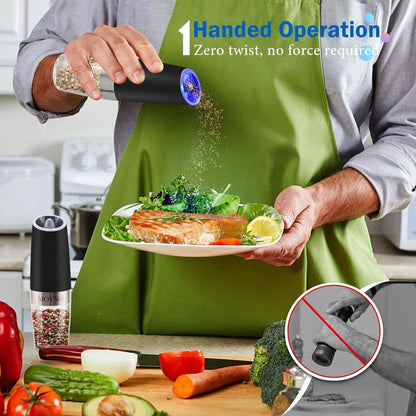 2-Piece Set: Gravity Electric Salt and Pepper Grinder Set, Battery Powered LED Light One Hand Automatic Operation DailySale
