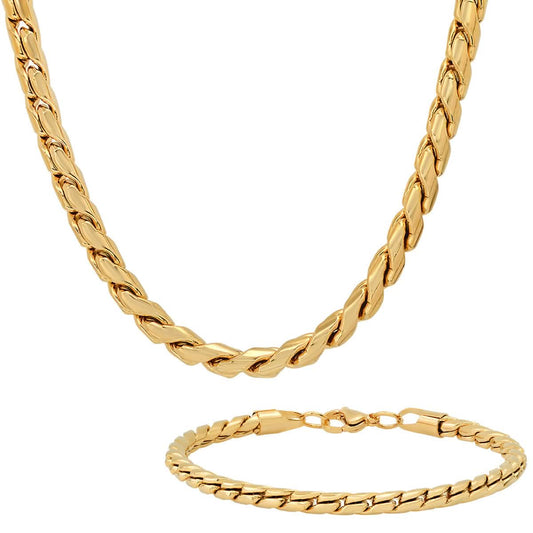 2-Piece Set: Men's 18k Gold Plated Stainless Steel Round Twisted Fancy Link Necklace & Bracelet DailySale