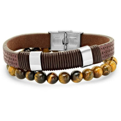 2-Piece Set: Men's Brown Leather, Stainless Steel and Tiger Eye Beaded Bracelets DailySale
