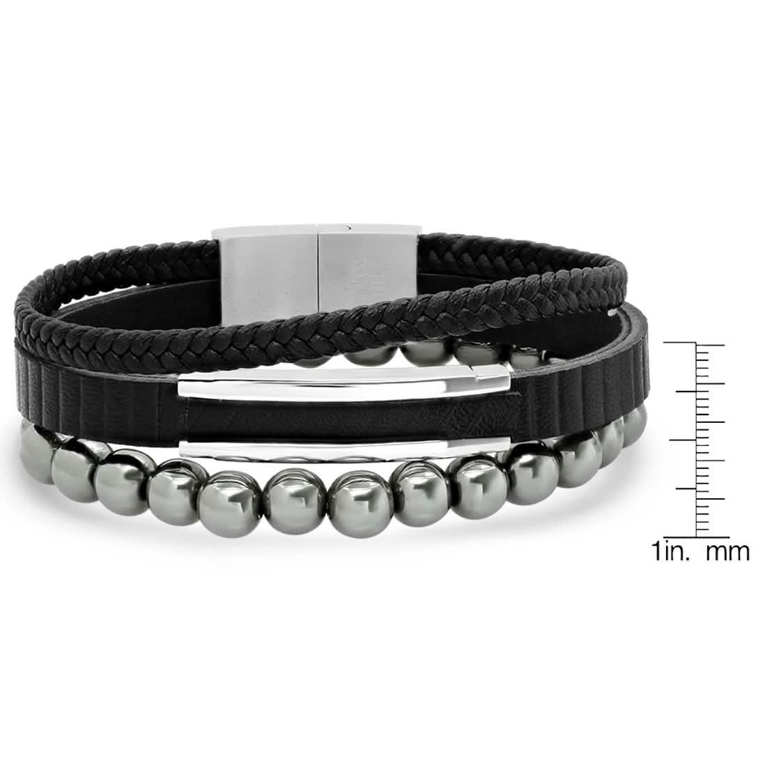 2-Piece Set: Men's Layered Black Leather, Stainless Steel and Hematite Beads Bracelet DailySale