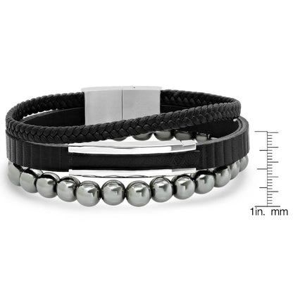2-Piece Set: Men's Layered Black Leather, Stainless Steel and Hematite Beads Bracelet DailySale