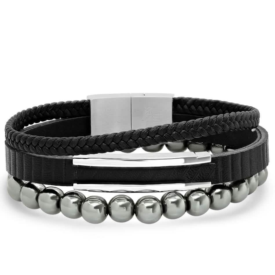 2-Piece Set: Men's Layered Black Leather, Stainless Steel and Hematite Beads Bracelet DailySale