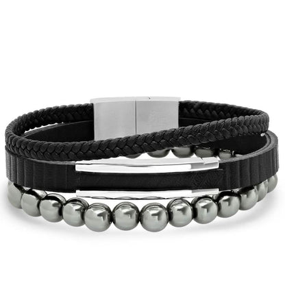 2-Piece Set: Men's Layered Black Leather, Stainless Steel and Hematite Beads Bracelet DailySale