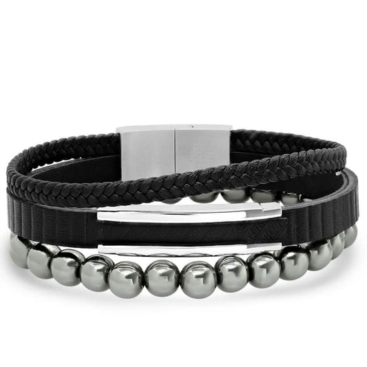 2-Piece Set: Men's Layered Black Leather, Stainless Steel and Hematite Beads Bracelet DailySale