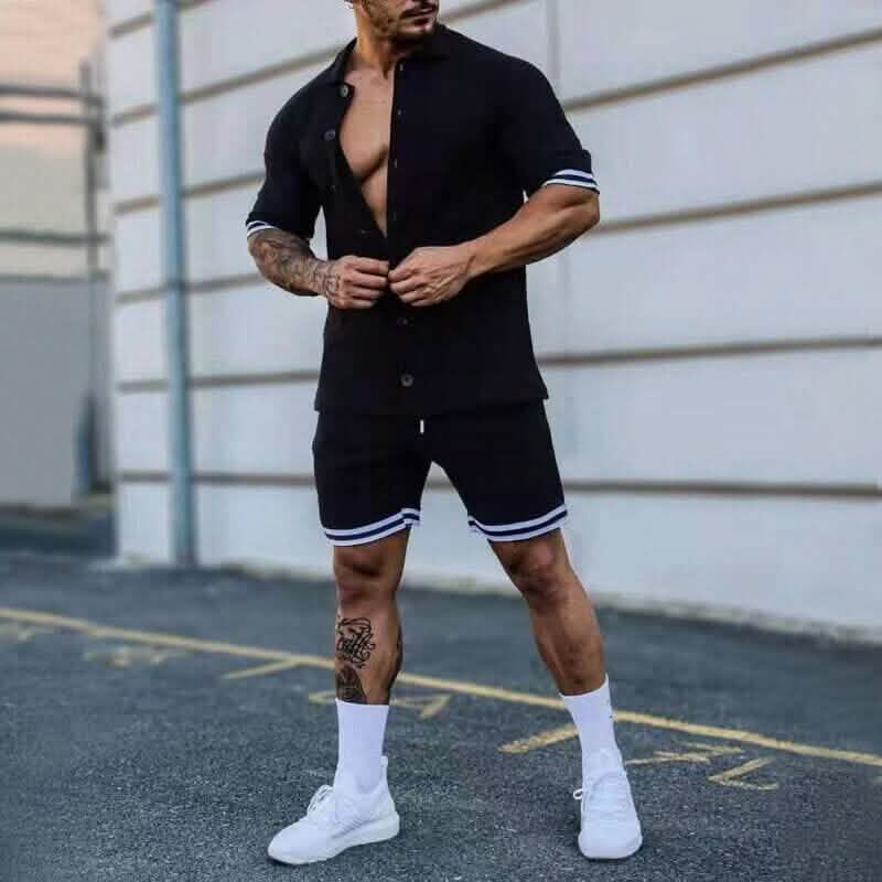 2-Piece Set: Men's Short Sleeve Plain Stripes Lapel DailySale