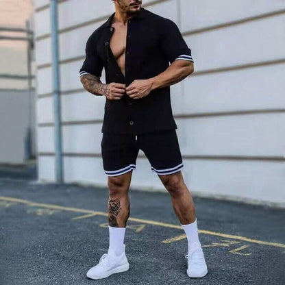 2-Piece Set: Men's Short Sleeve Plain Stripes Lapel DailySale