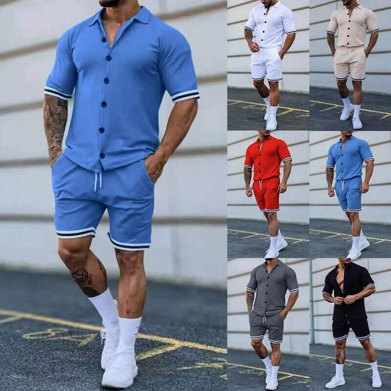 2-Piece Set: Men's Short Sleeve Plain Stripes Lapel DailySale