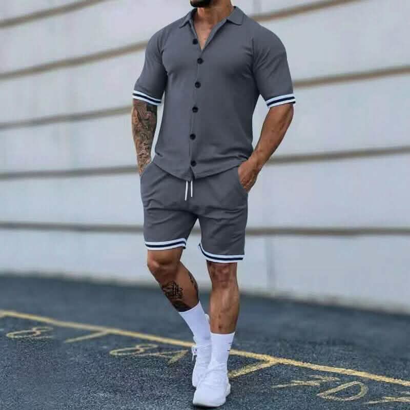 2-Piece Set: Men's Short Sleeve Plain Stripes Lapel DailySale