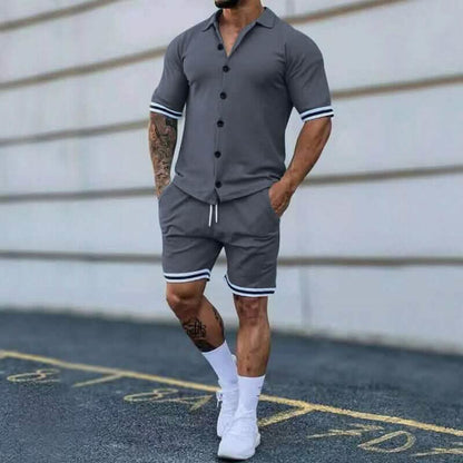 2-Piece Set: Men's Short Sleeve Plain Stripes Lapel DailySale