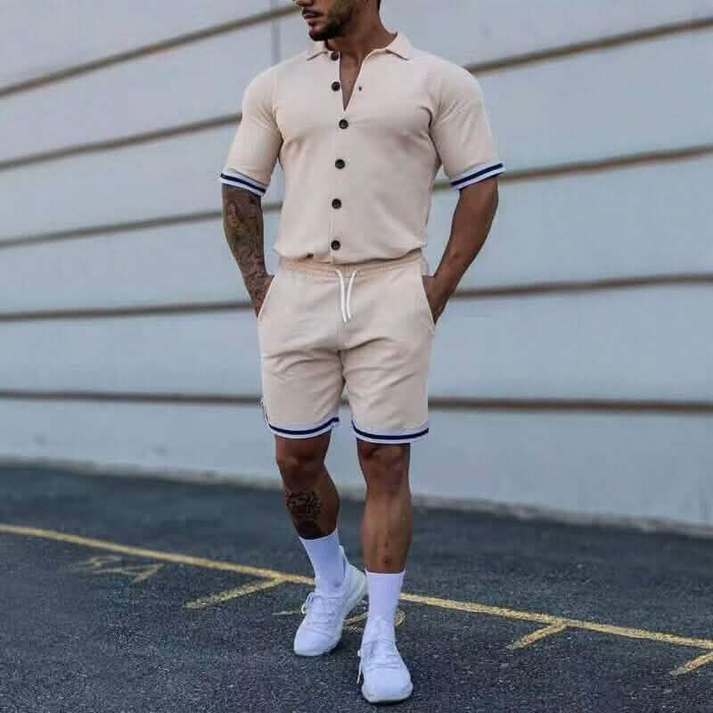 2-Piece Set: Men's Short Sleeve Plain Stripes Lapel DailySale