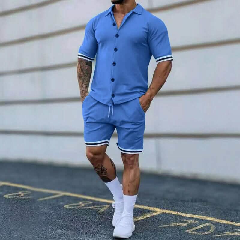 2-Piece Set: Men's Short Sleeve Plain Stripes Lapel DailySale