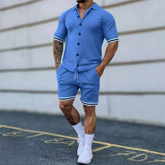 2-Piece Set: Men's Short Sleeve Plain Stripes Lapel DailySale