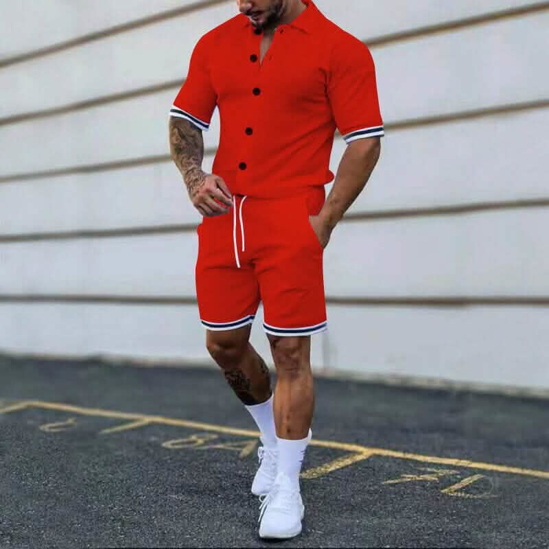 2-Piece Set: Men's Short Sleeve Plain Stripes Lapel DailySale