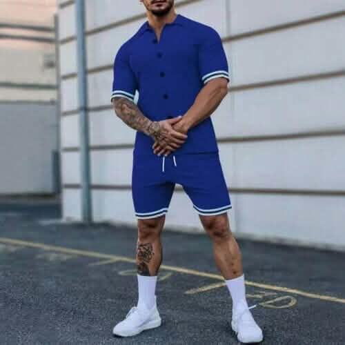 2-Piece Set: Men's Short Sleeve Plain Stripes Lapel DailySale