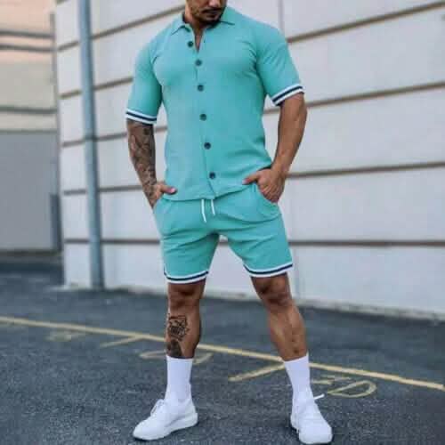 2-Piece Set: Men's Short Sleeve Plain Stripes Lapel DailySale