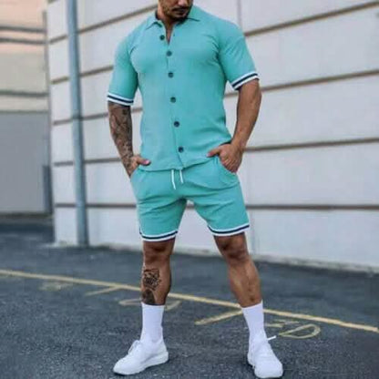 2-Piece Set: Men's Short Sleeve Plain Stripes Lapel DailySale