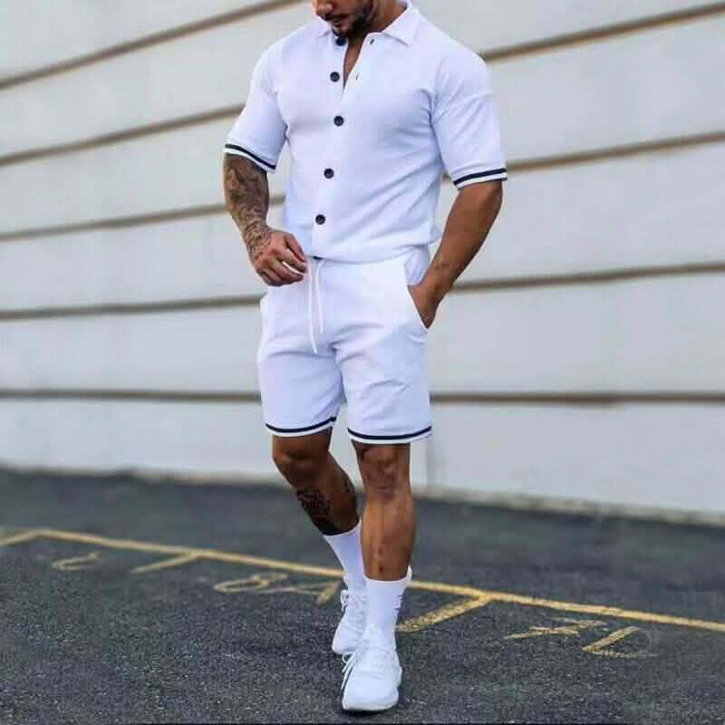 2-Piece Set: Men's Short Sleeve Plain Stripes Lapel DailySale