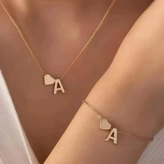 2-Piece Set: Metal Heart And English Letter Necklace And Bracelet DailySale