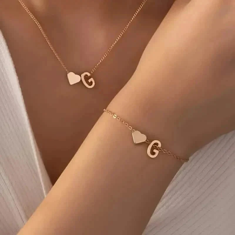 2-Piece Set: Metal Heart And English Letter Necklace And Bracelet DailySale