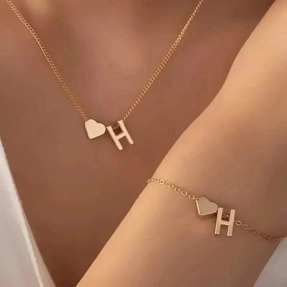 2-Piece Set: Metal Heart And English Letter Necklace And Bracelet DailySale