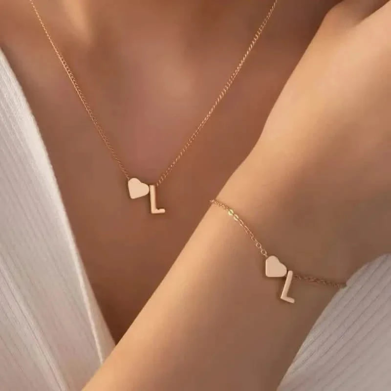 2-Piece Set: Metal Heart And English Letter Necklace And Bracelet DailySale