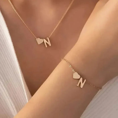 2-Piece Set: Metal Heart And English Letter Necklace And Bracelet DailySale